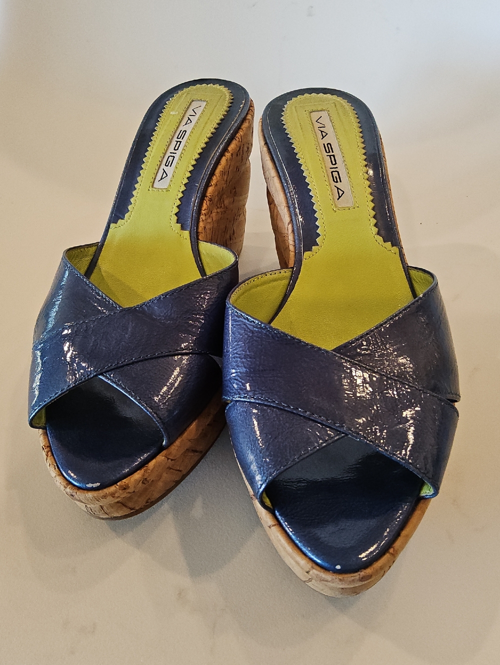 Via Spiga Navy Blue Patent Leather Cork Wedge Sandals with Lime Insole Peep-toe